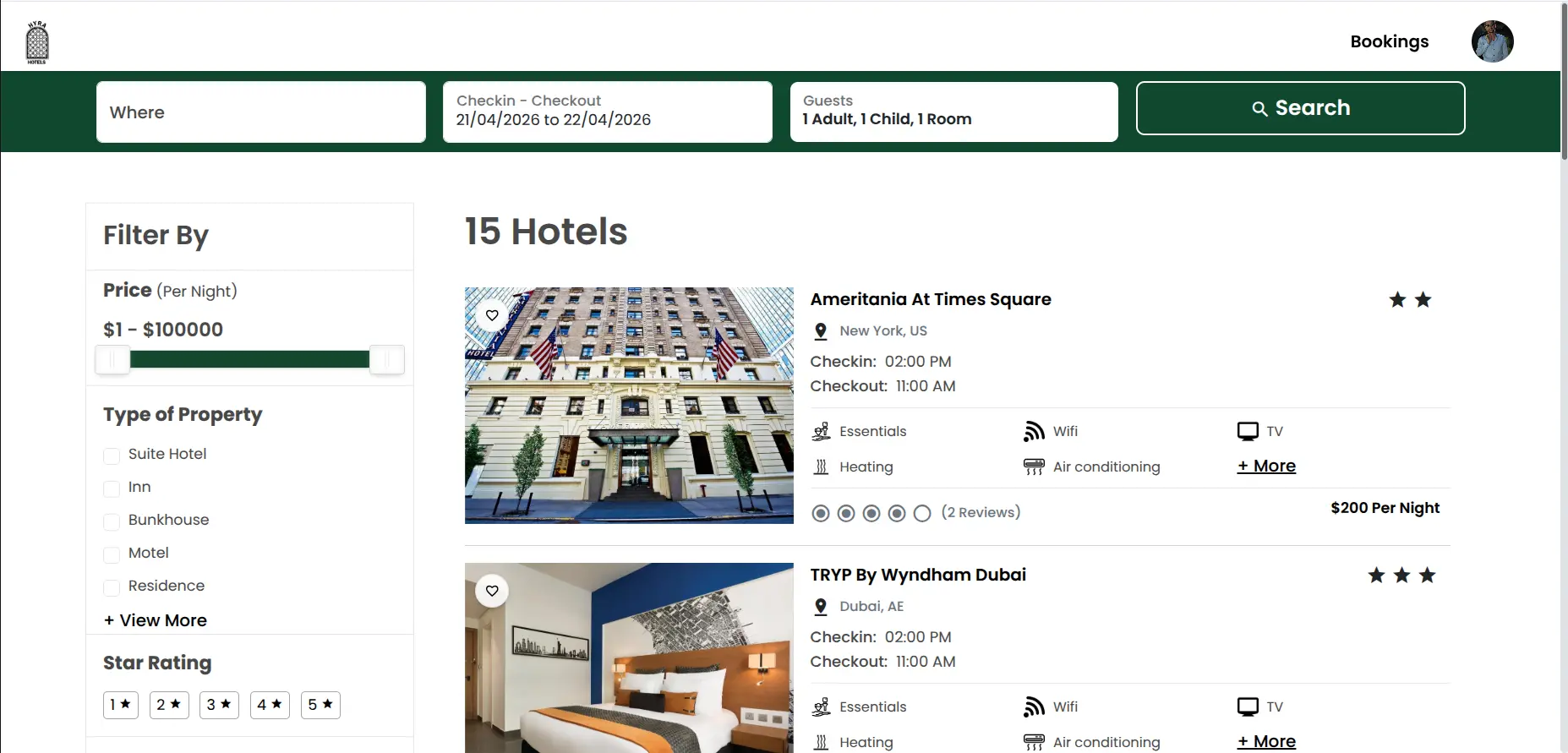 Hotel Search Portal interface 1